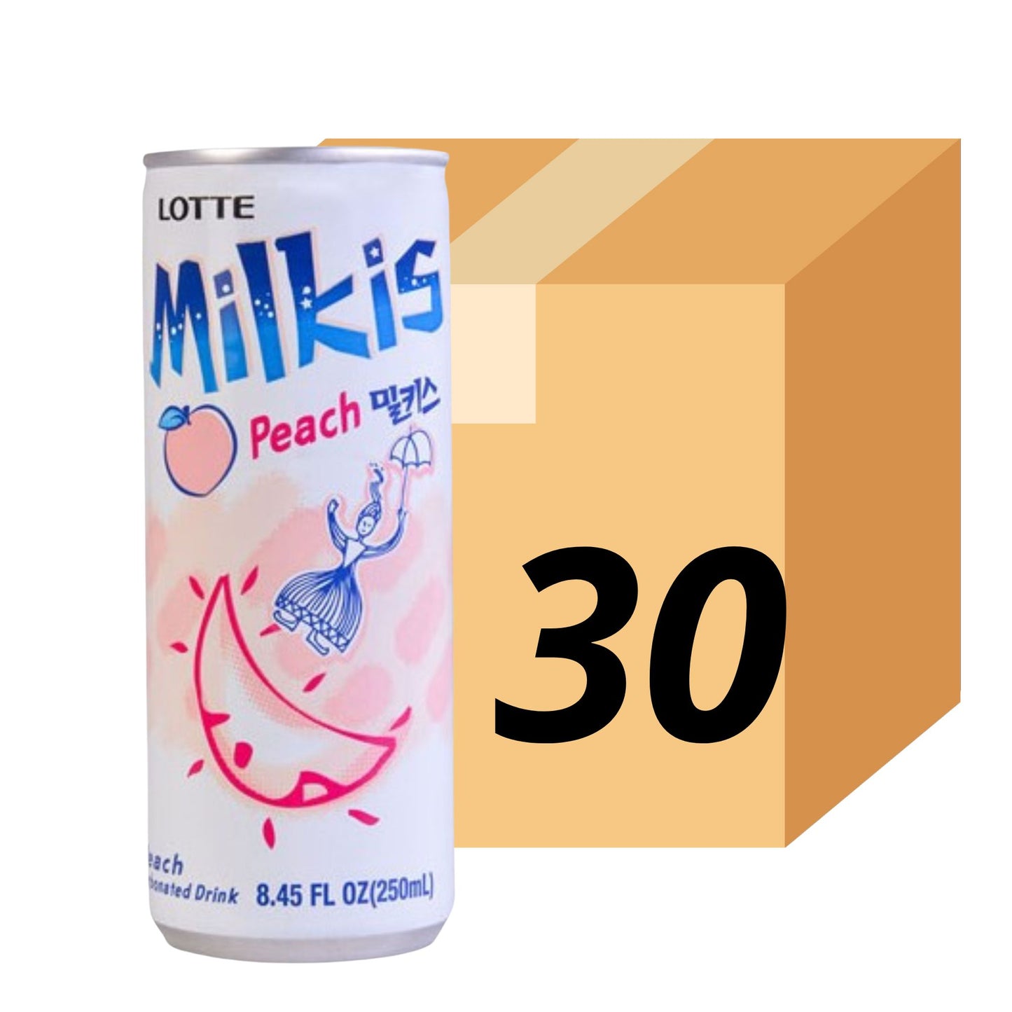 1 Caja de 30 Latas Bebida Coreana Gaseosa Milkis Sabor Durazno 250 ml