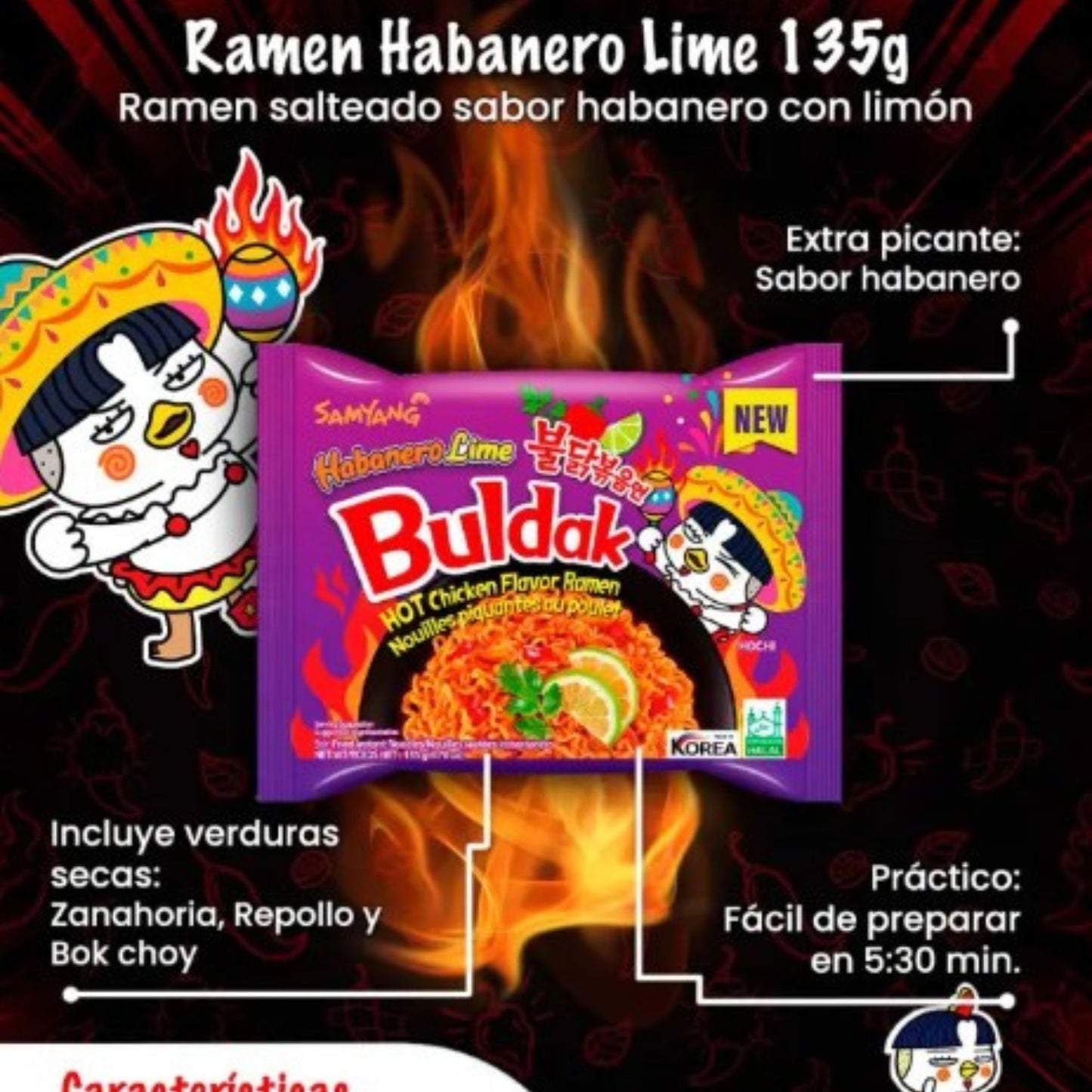 Sopa Instantánea Ramen Coreana Buldak Sabor de Habanero 1 Bolsa