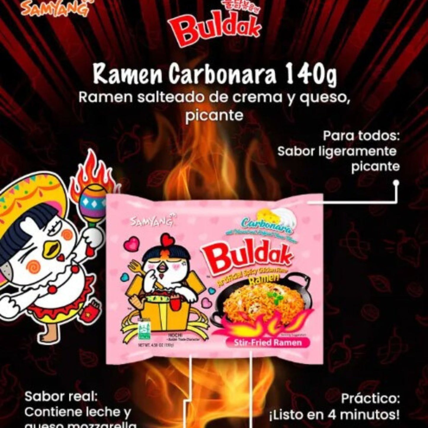 1 Caja de 20 Bolsas Sopa Instantánea Ramen Coreano Buldak Carbonara Picante