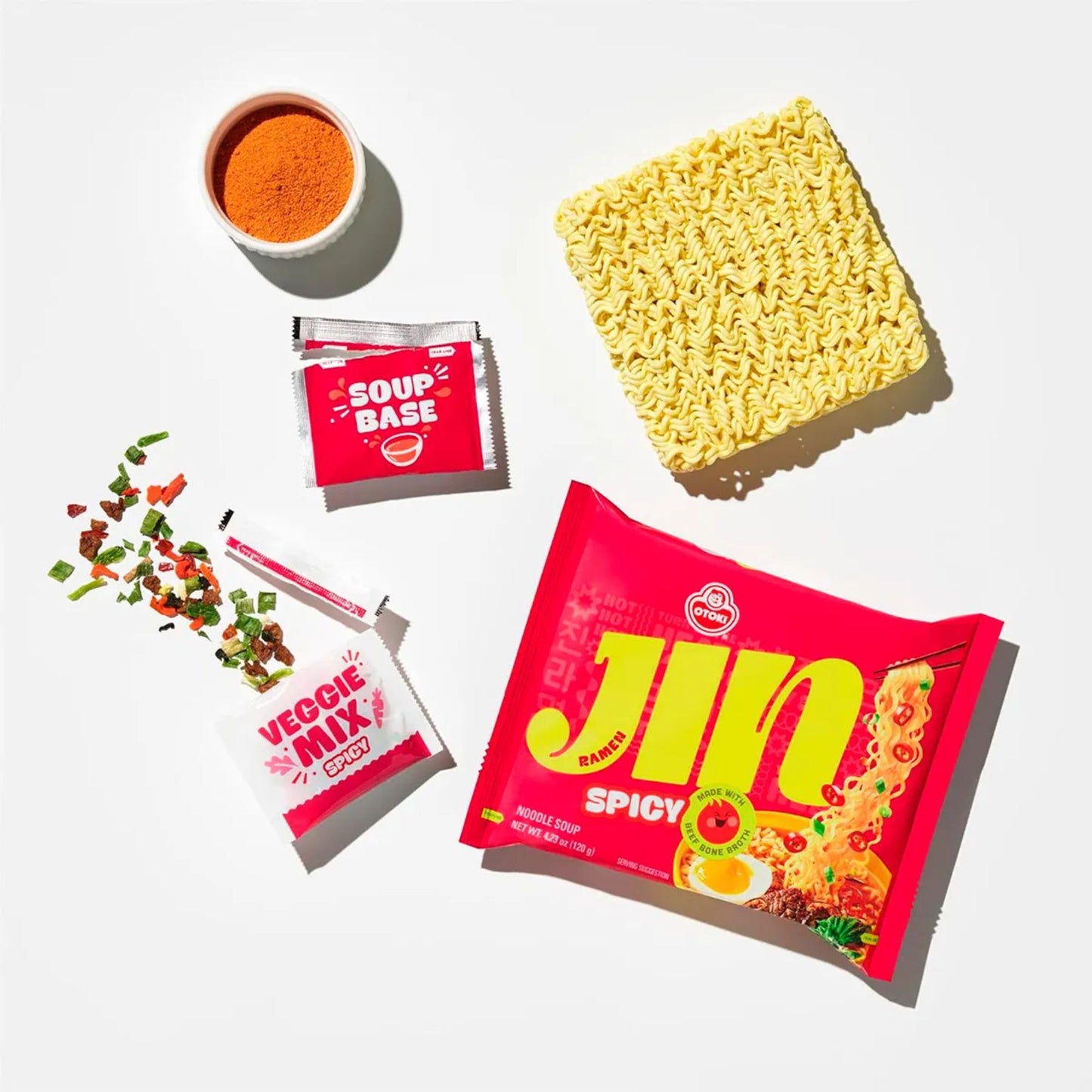 10 Bolsas de Otoki Jin Ramen Picante 120g Version BTS Sopa Instantanea Coreana
