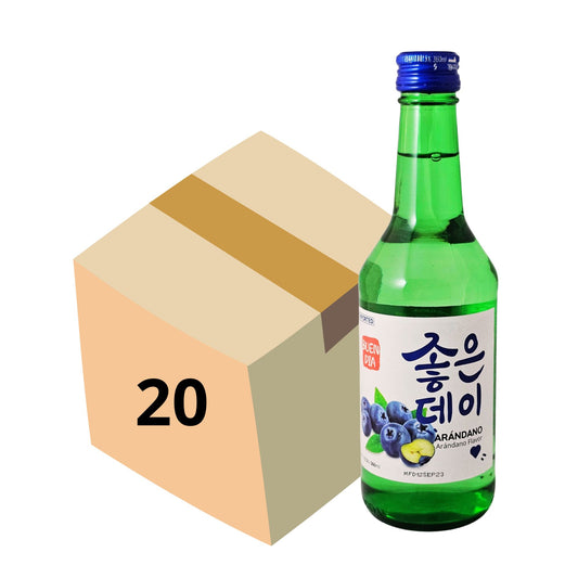 1 Caja de 20 Botellas Bebida Coreana Licor de Arroz Buen Día Soju Sabor de Arandano 350 ml