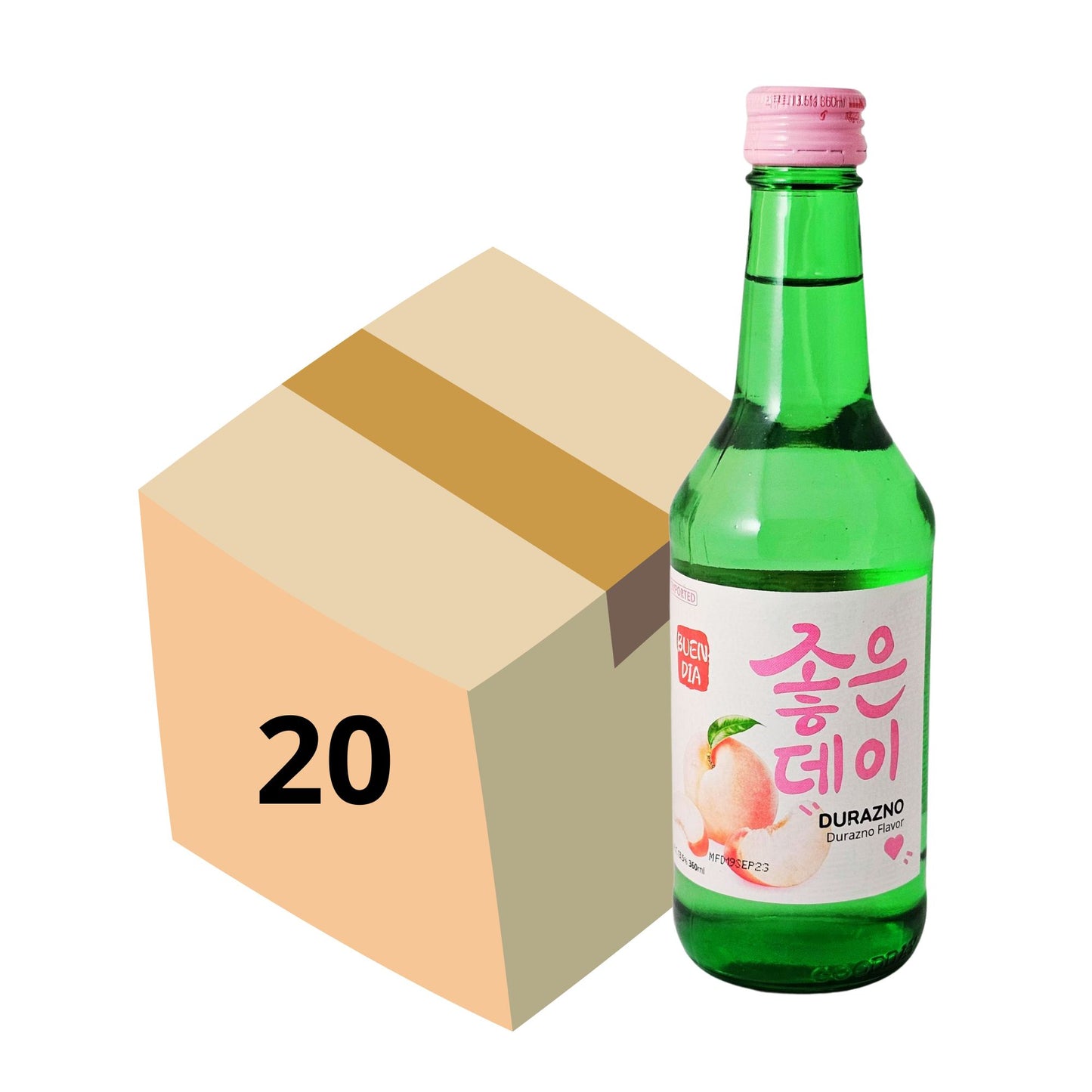 1 Caja de 20 Botellas Bebida Coreana Licor de Arroz Buen Día Soju Sabor de Durazno 350 ml