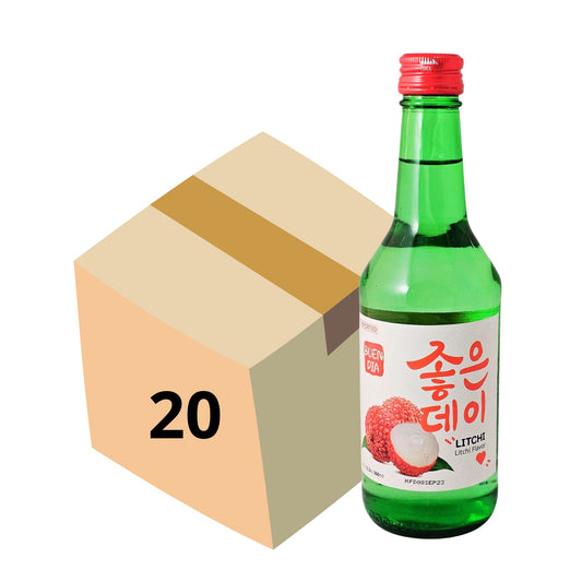 1 Caja de 20 Botellas Bebida Coreana Licor de Arroz Buen Día Soju Sabor de Lytchi 350 ml