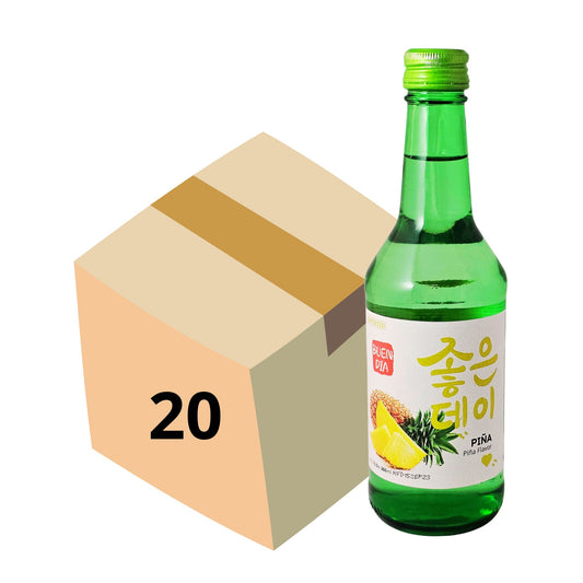 1 Caja de 20 Botellas Bebida Coreana Licor de Arroz Buen Día Soju Sabor de Piña 350 ml