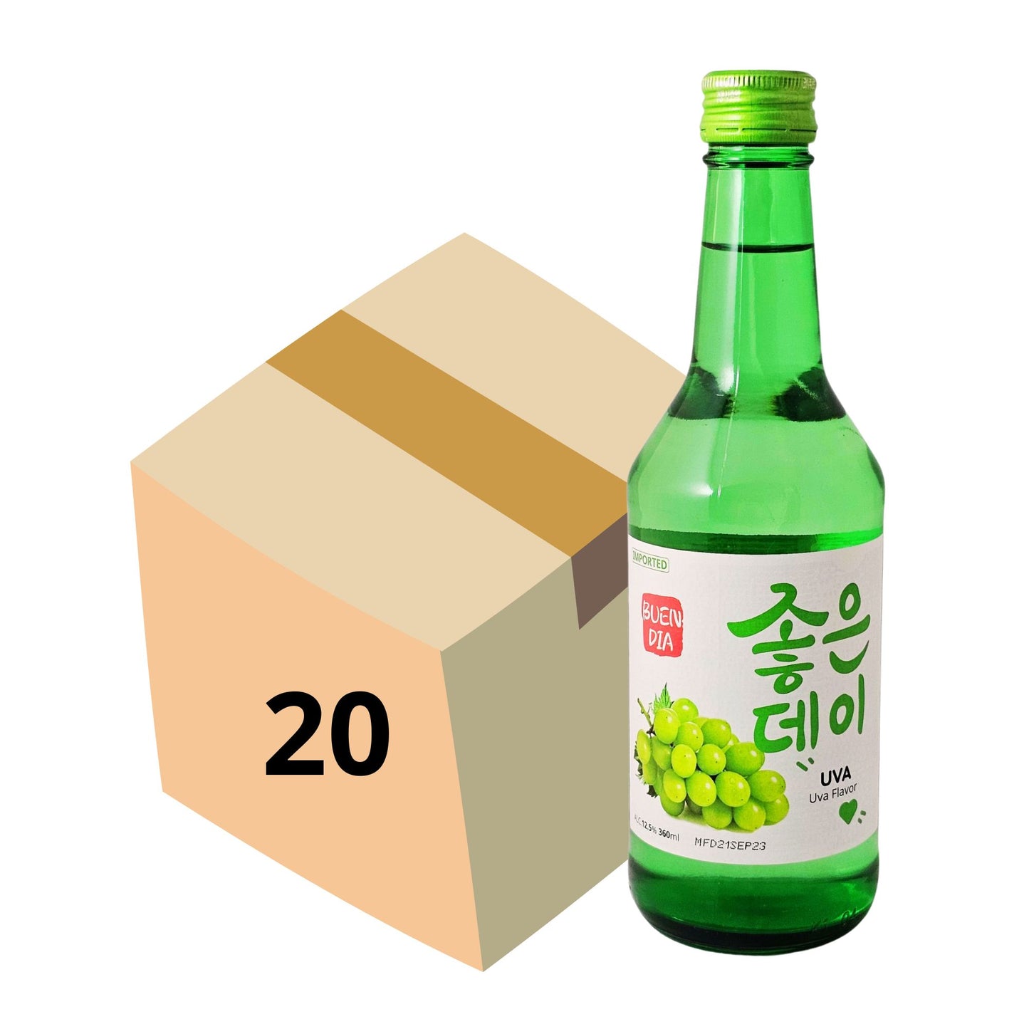 1 Caja de 20 Botellas Bebida Coreana Licor de Arroz Buen Día Soju Sabor de Uva